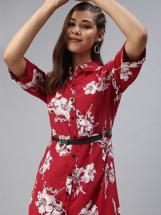 Women's Printed Fit and Flare Red Dress