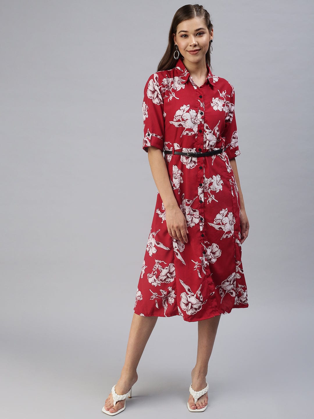 Women's Printed Fit and Flare Red Dress