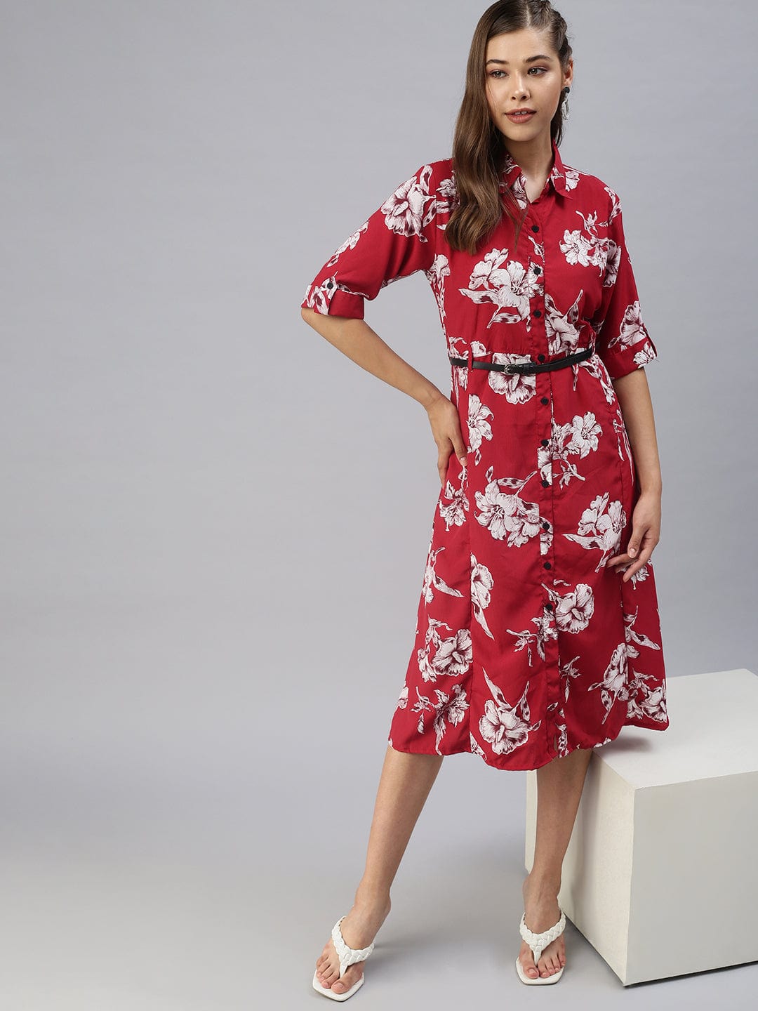 Women's Printed Fit and Flare Red Dress
