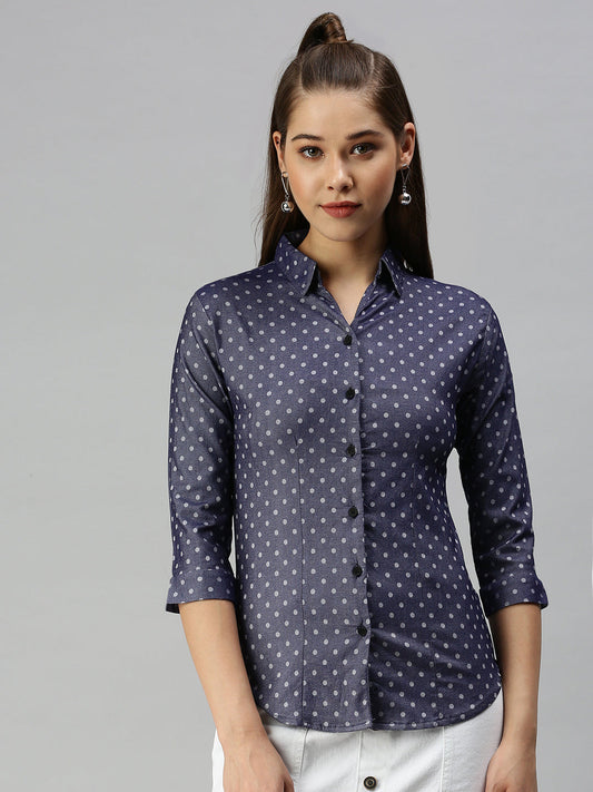 Women's Navy Blue Semi Skinny Fit Printed Casual Shirt
