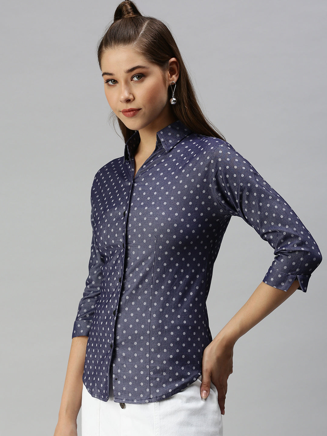 Women's Navy Blue Semi Skinny Fit Printed Casual Shirt