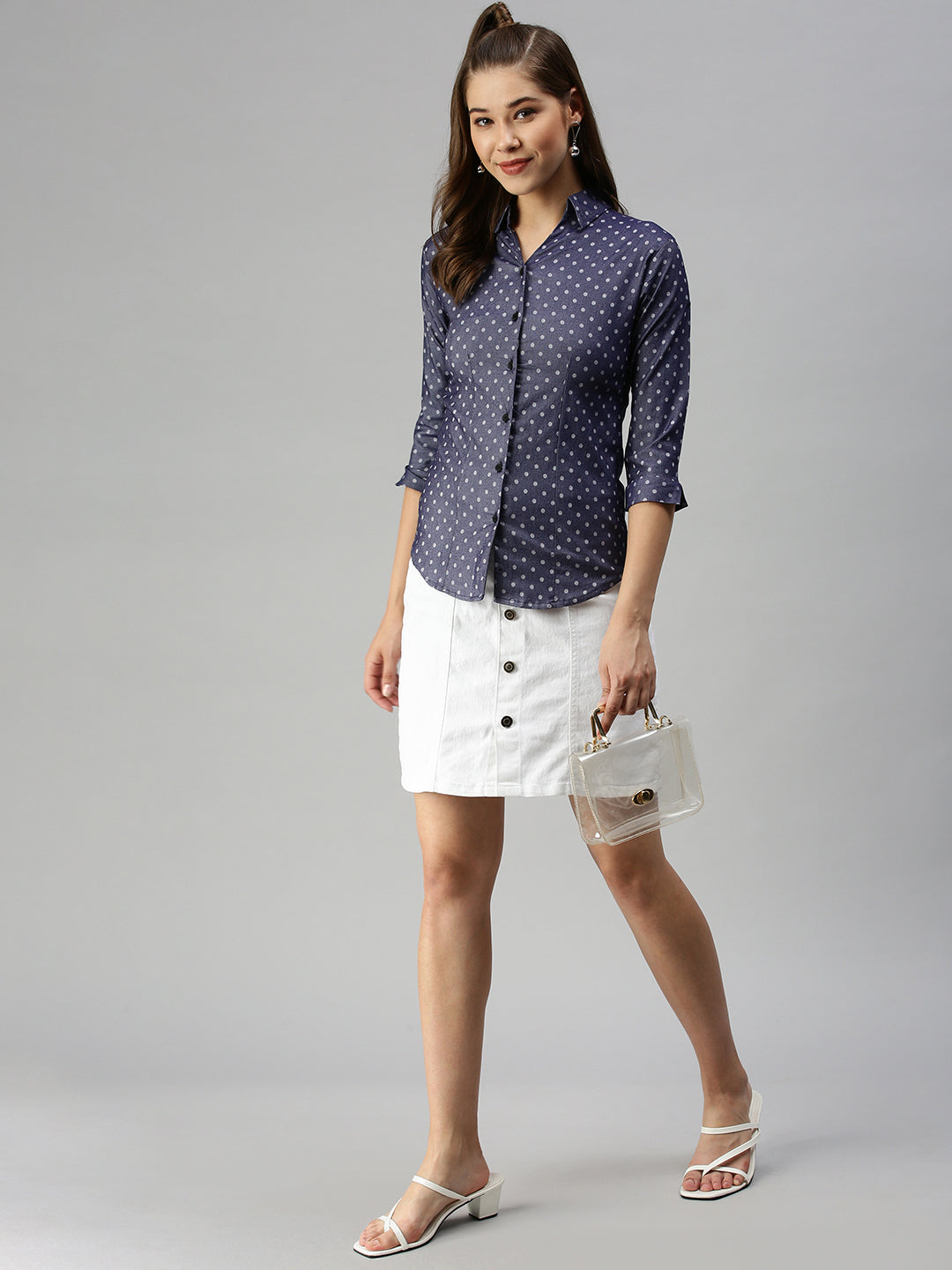 Women's Navy Blue Semi Skinny Fit Printed Casual Shirt