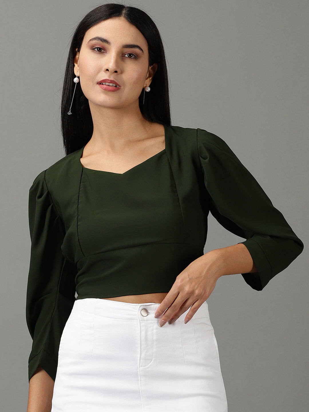 Women's Olive Sweetheart Neckline Smocking Crop Top