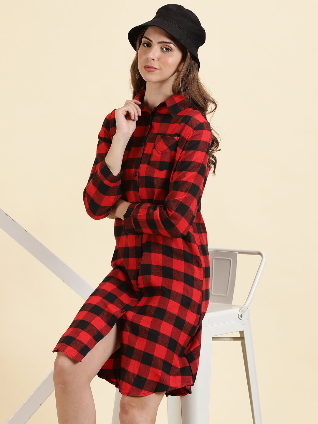 Women's Red Classic Buffalo Checked Cotton Casual Longline Shirt