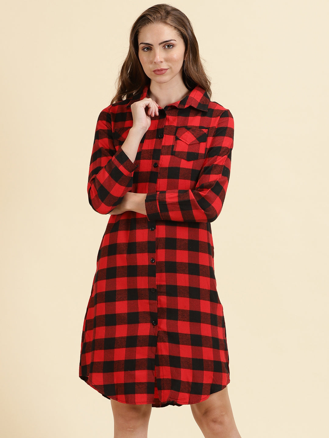 Women's Red Classic Buffalo Checked Cotton Casual Longline Shirt