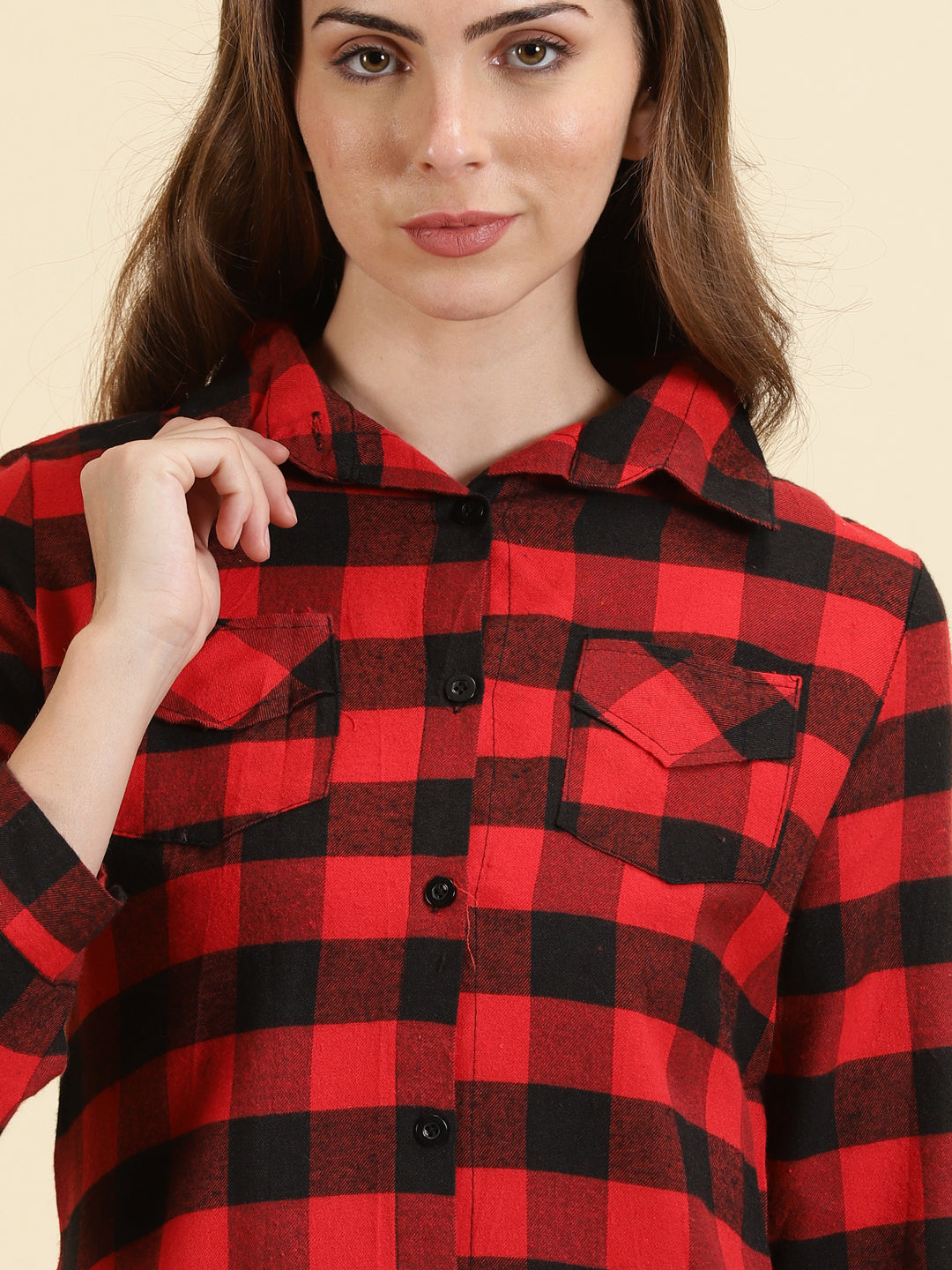 Women's Red Classic Buffalo Checked Cotton Casual Longline Shirt