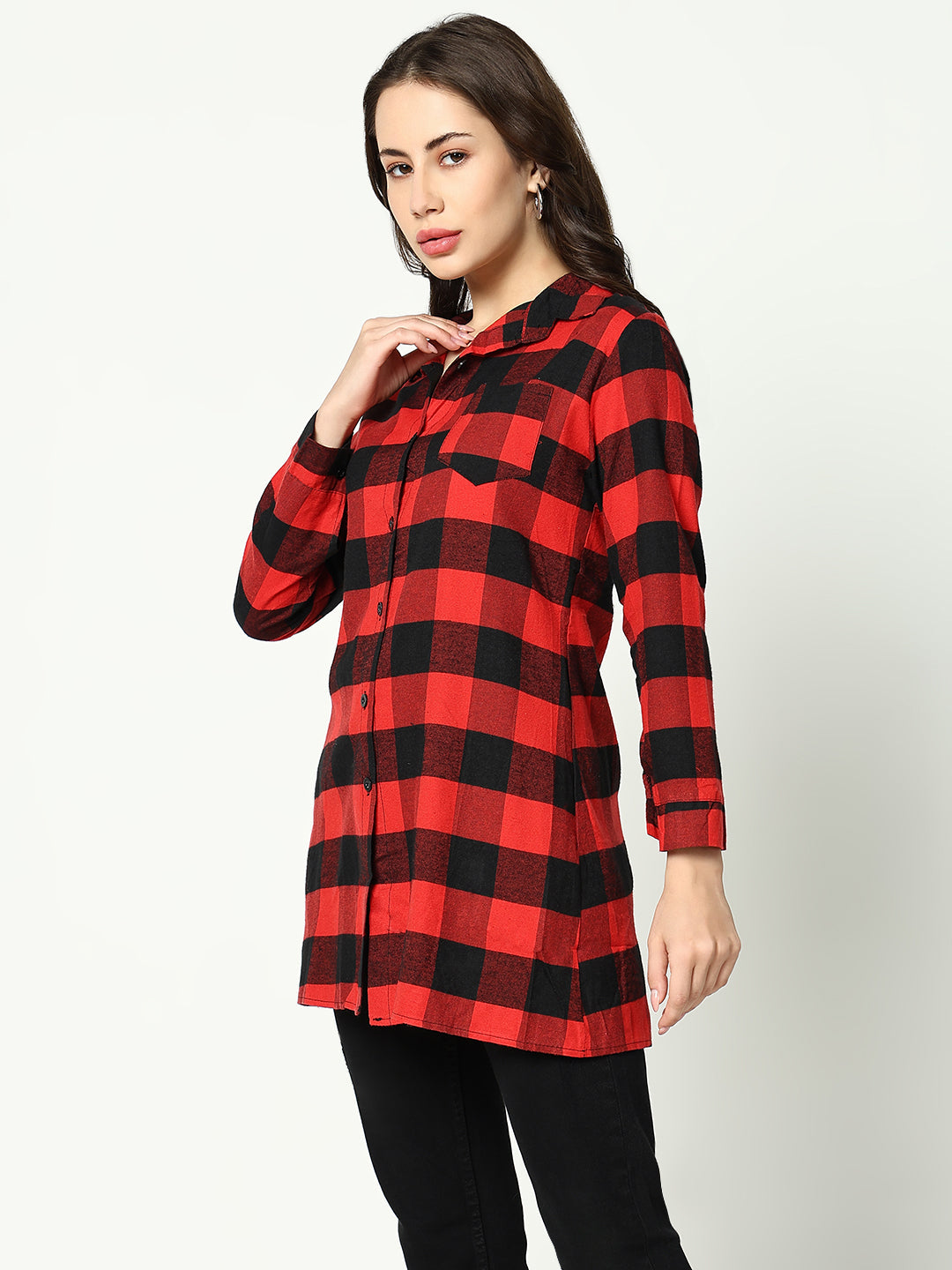 Women's Red Classic Buffalo Checked Cotton Casual Longline Shirt