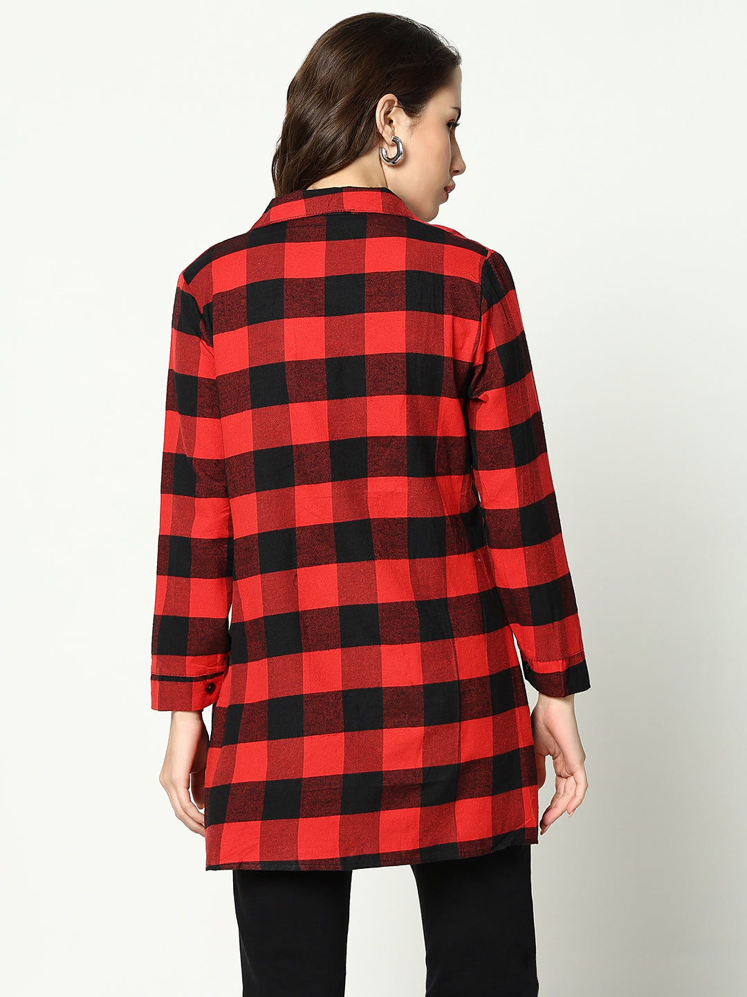 Women's Red Classic Buffalo Checked Cotton Casual Longline Shirt