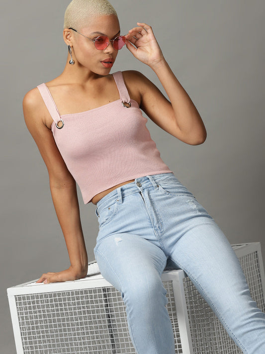 Women's Pink Ribbed Shoulder Straps Fitted Crop Top