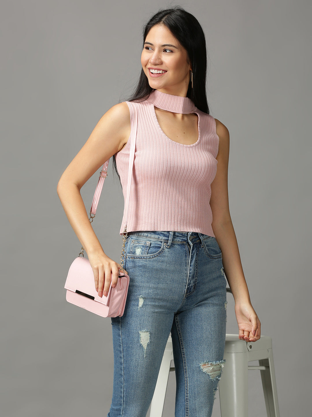 Women's Pink Striped Choker Neck Fitted Crop Top