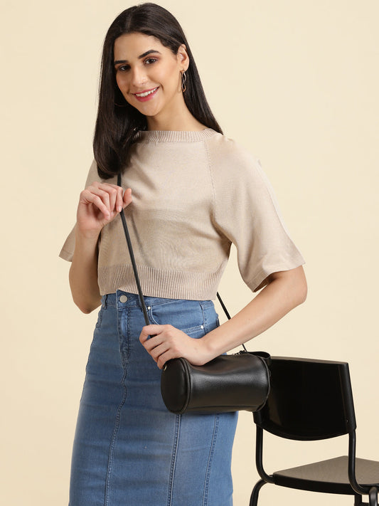 Women's Beige Self Design Acrylic Styled Back Crop Top