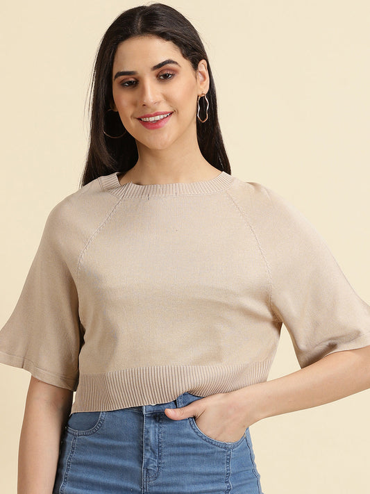 Women's Beige Self Design Acrylic Styled Back Crop Top