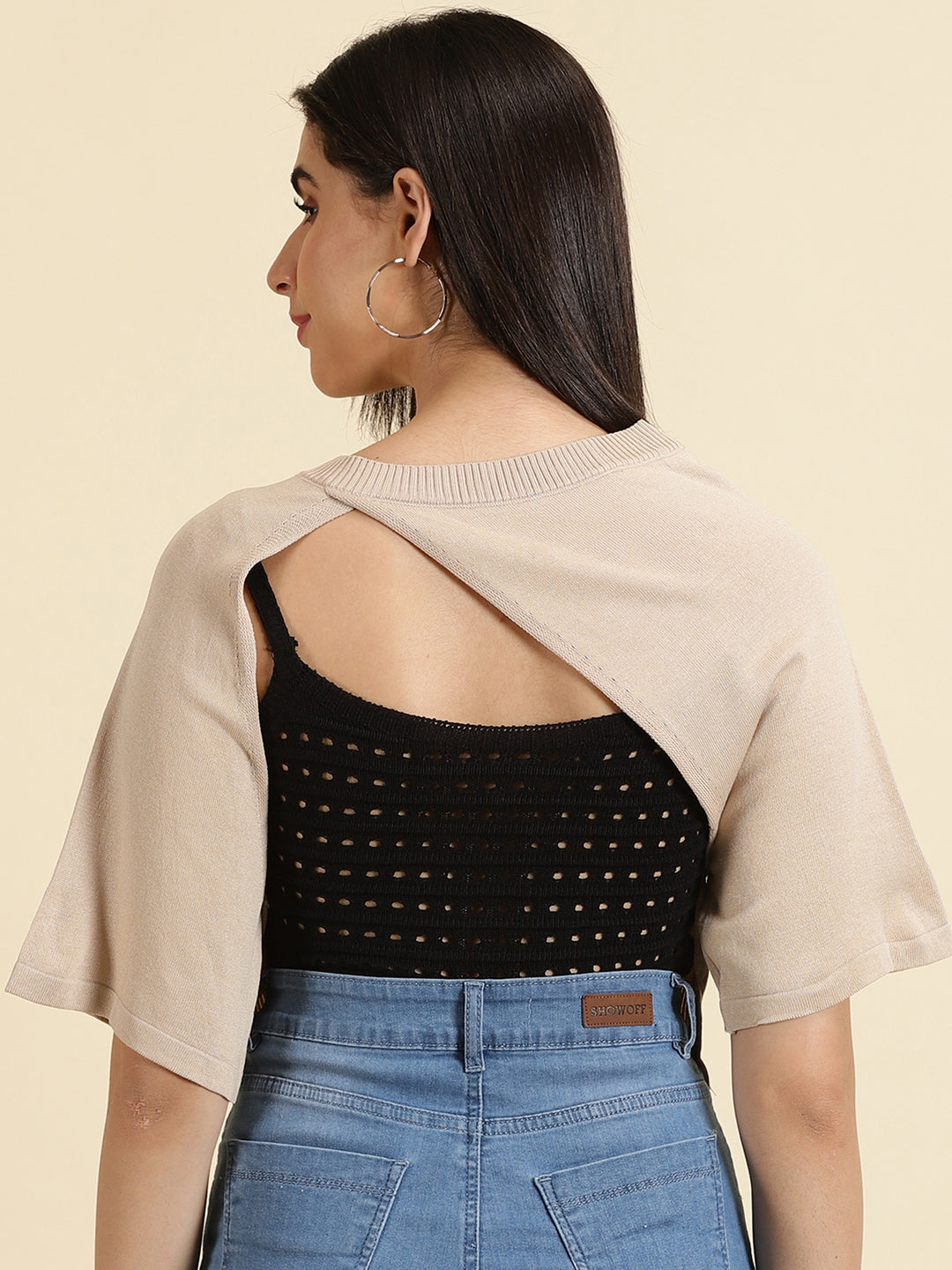 Women's Beige Self Design Acrylic Styled Back Crop Top