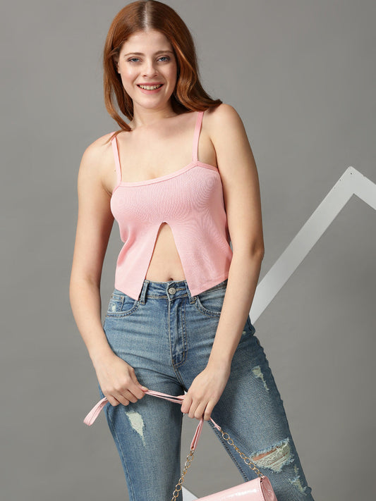 Women's Pink Shoulder Straps Acrylic Crop Top