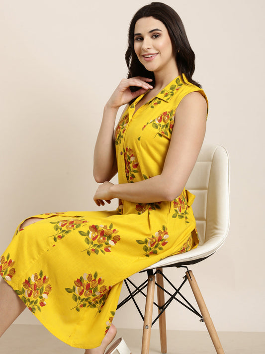Women's Mustard A-Line Floral Dress