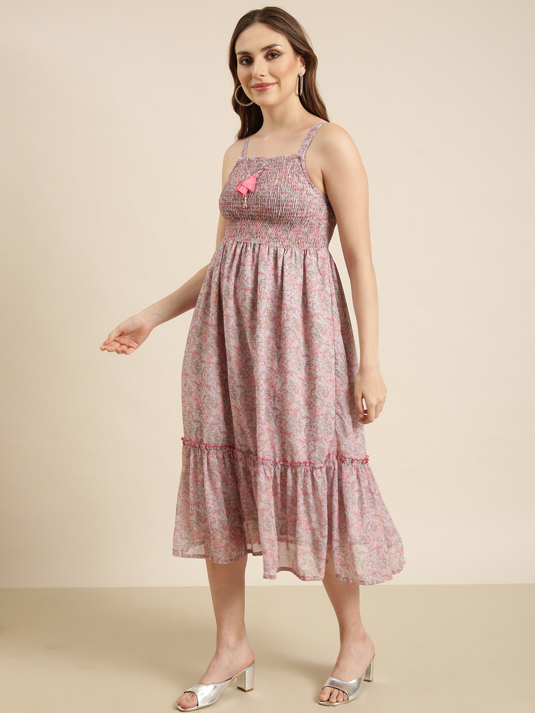 Women's Pink Floral Shoulder Straps Fit And Flare Dress with Over Coat & Belt