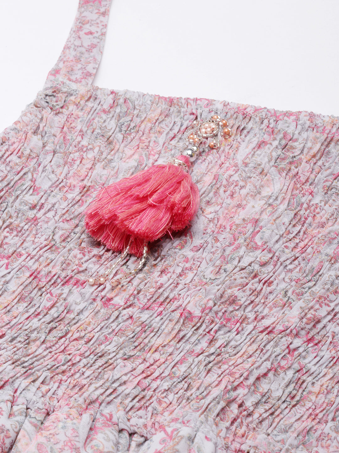 Women's Pink Floral Shoulder Straps Fit And Flare Dress with Over Coat & Belt