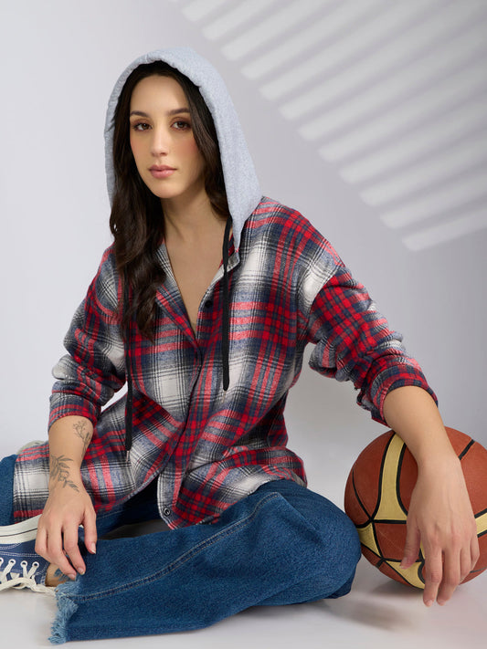 Women's Checked Red Hooded Oversized Shirts