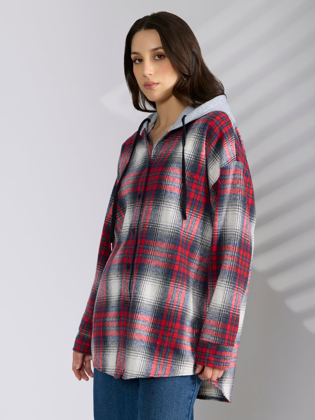 Women's Checked Red Hooded Oversized Shirts