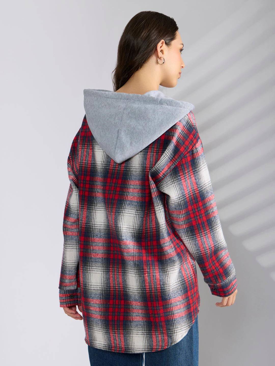 Women's Checked Red Hooded Oversized Shirts