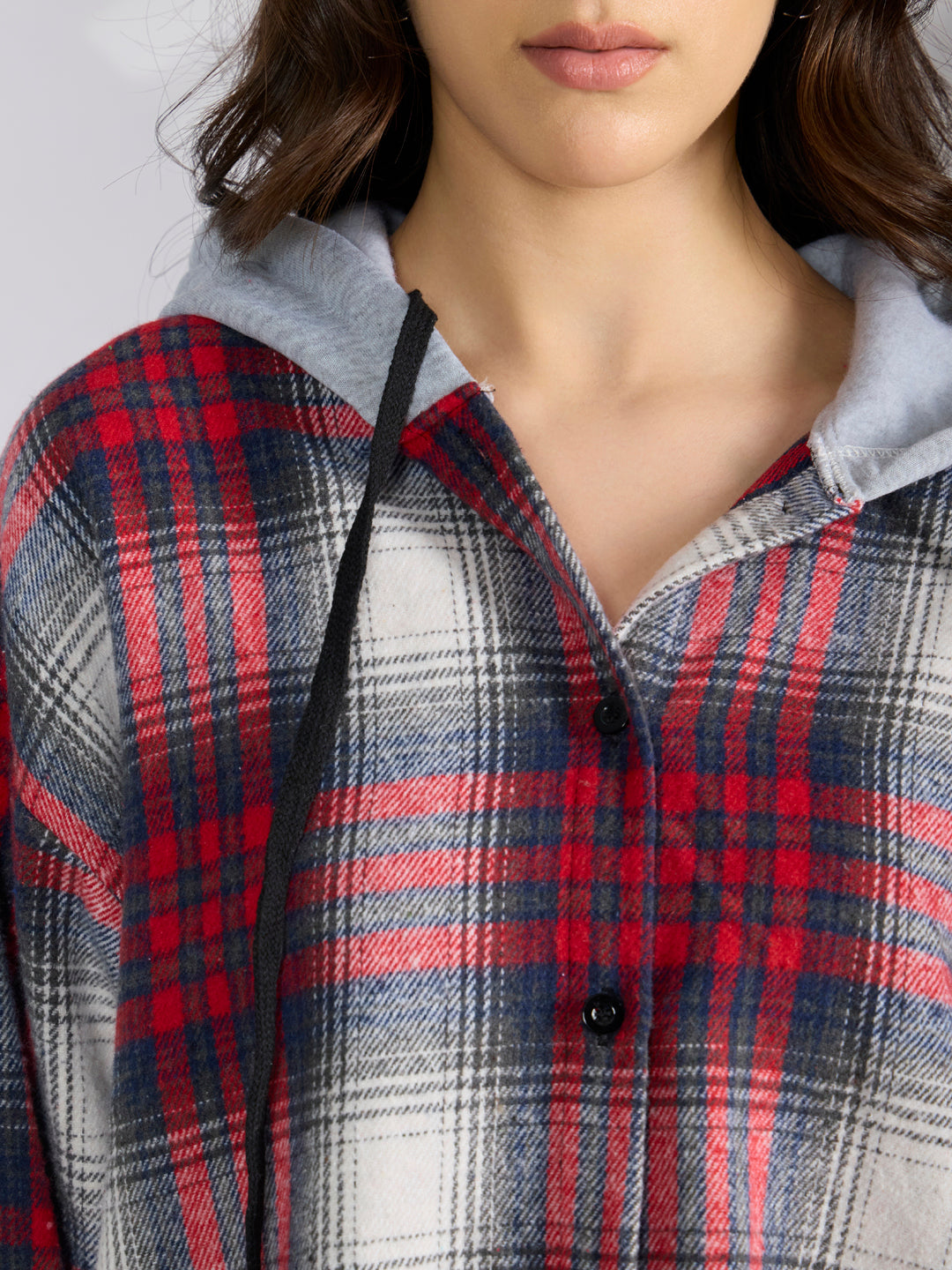 Women's Checked Red Hooded Oversized Shirts