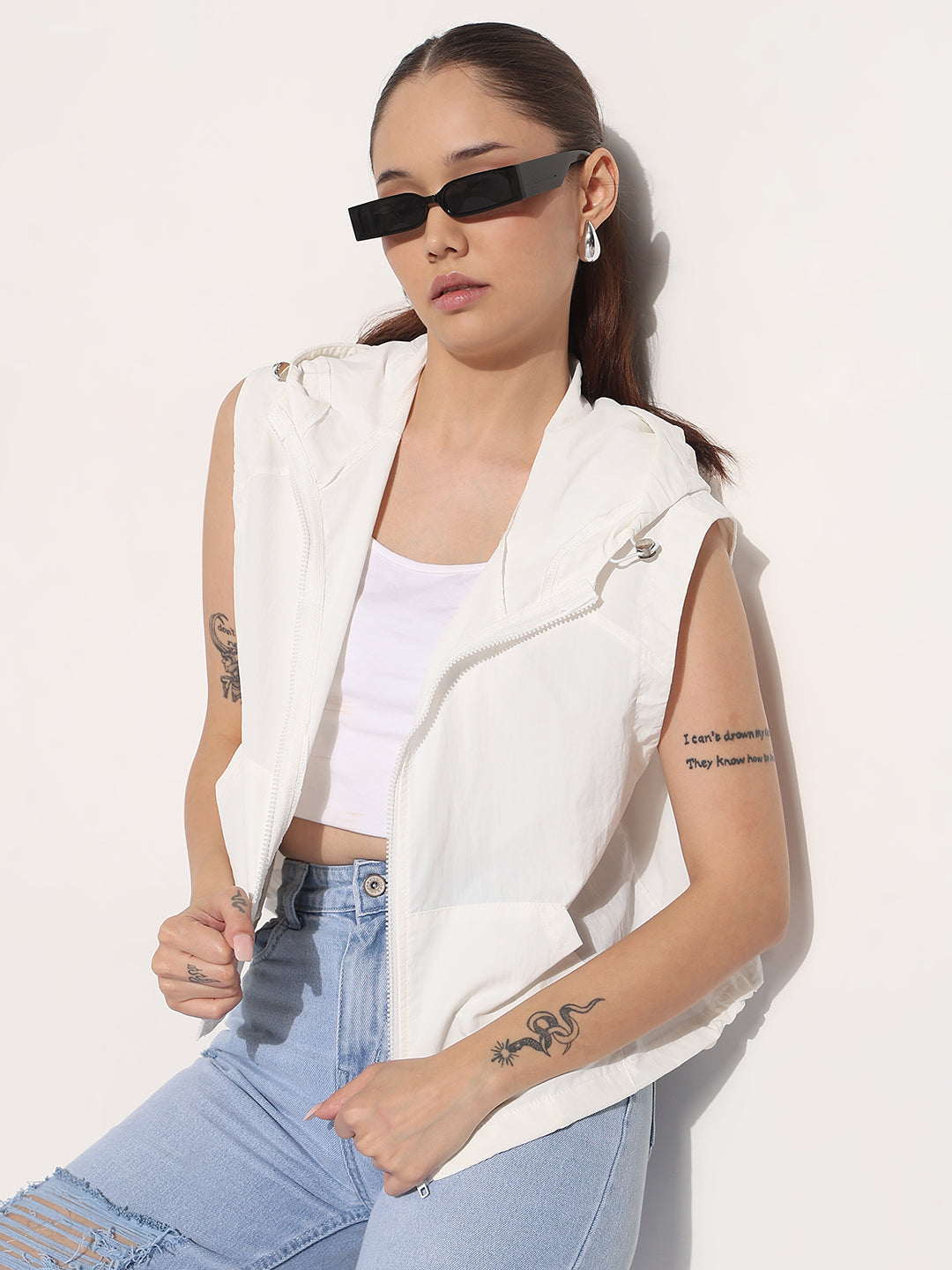 Women's White Hooded Sleeveless Bomber Jacket
