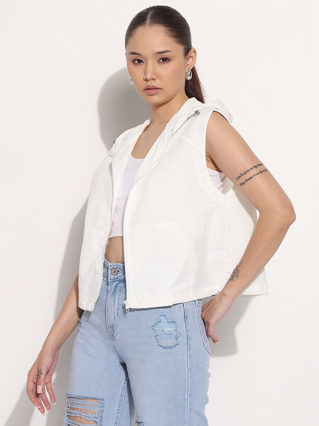 Women's White Hooded Sleeveless Bomber Jacket
