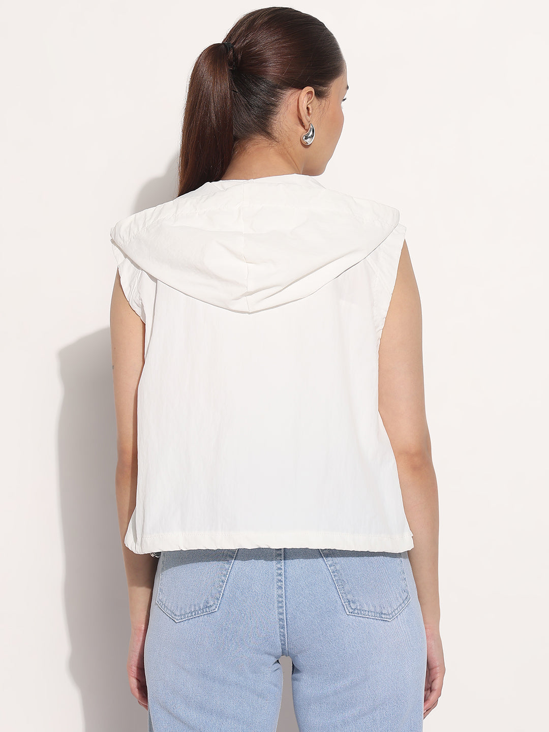 Women's White Hooded Sleeveless Bomber Jacket