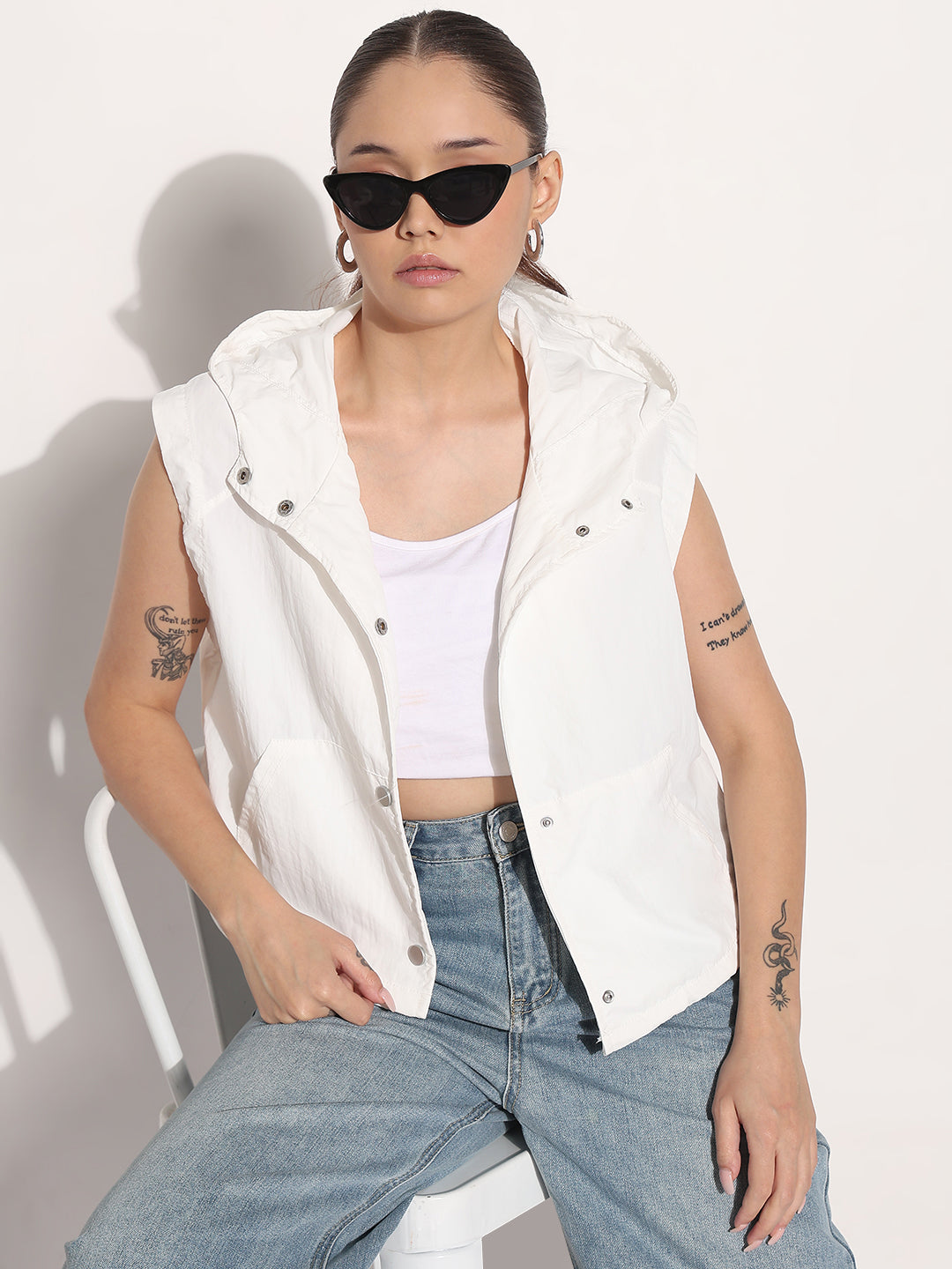Women's White Hooded Sleeveless Bomber Jacket