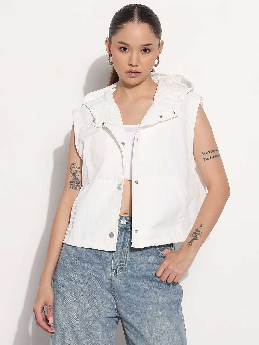 Women's White Hooded Sleeveless Bomber Jacket