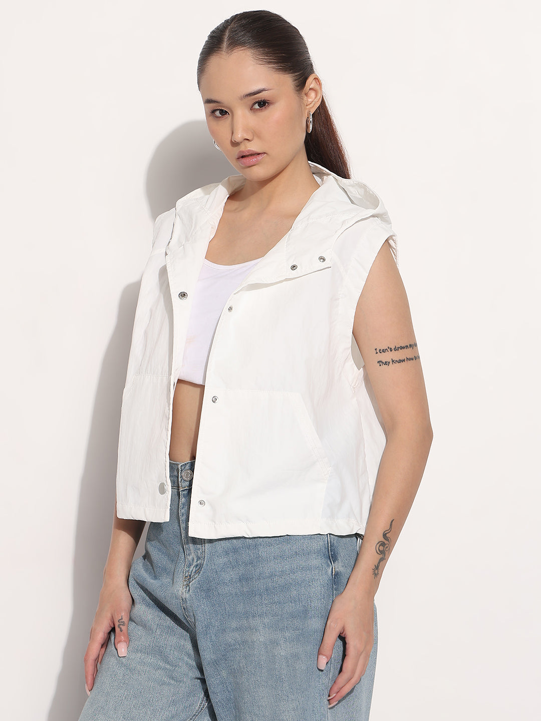 Women's White Hooded Sleeveless Bomber Jacket