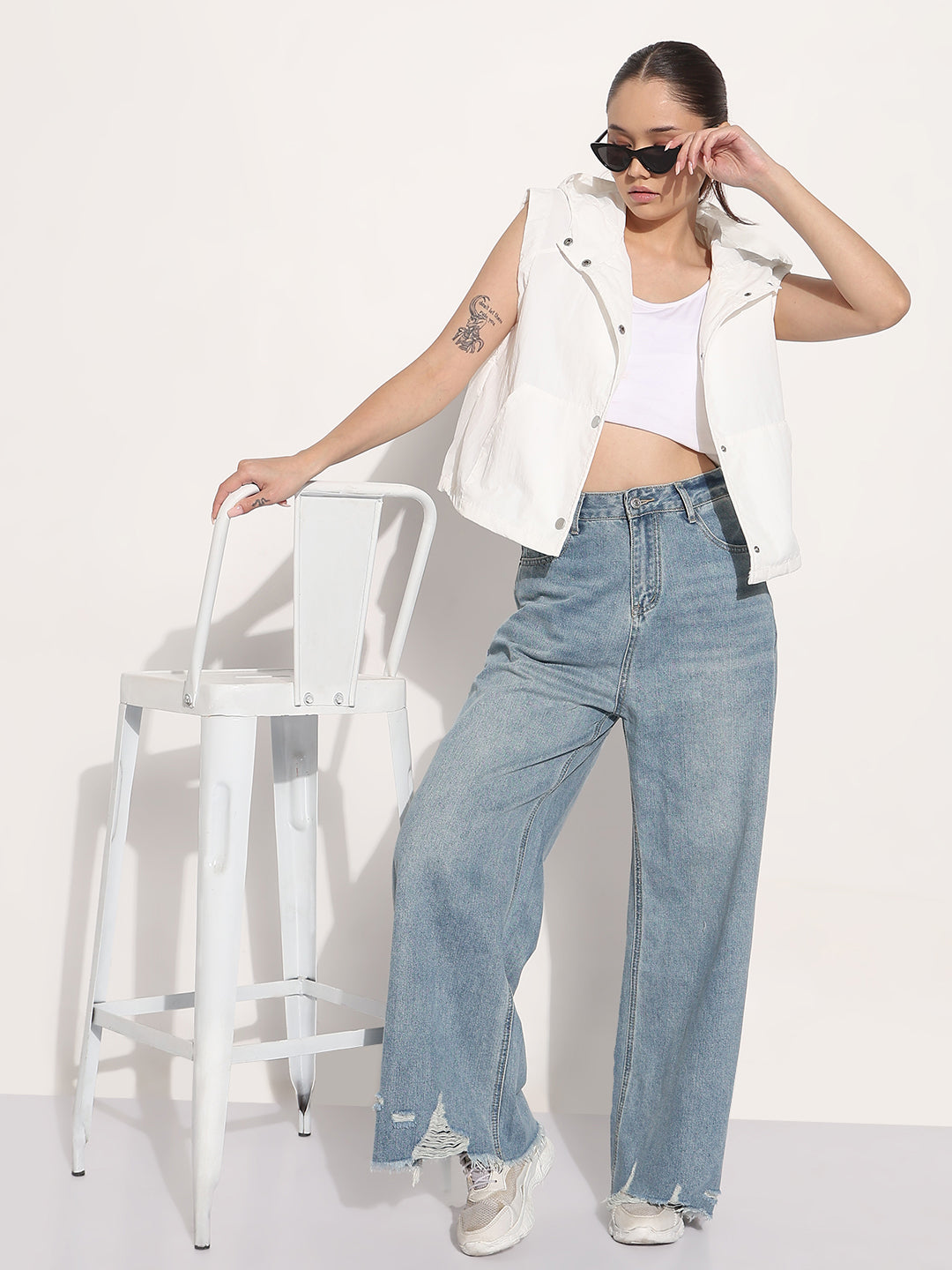 Women's White Hooded Sleeveless Bomber Jacket