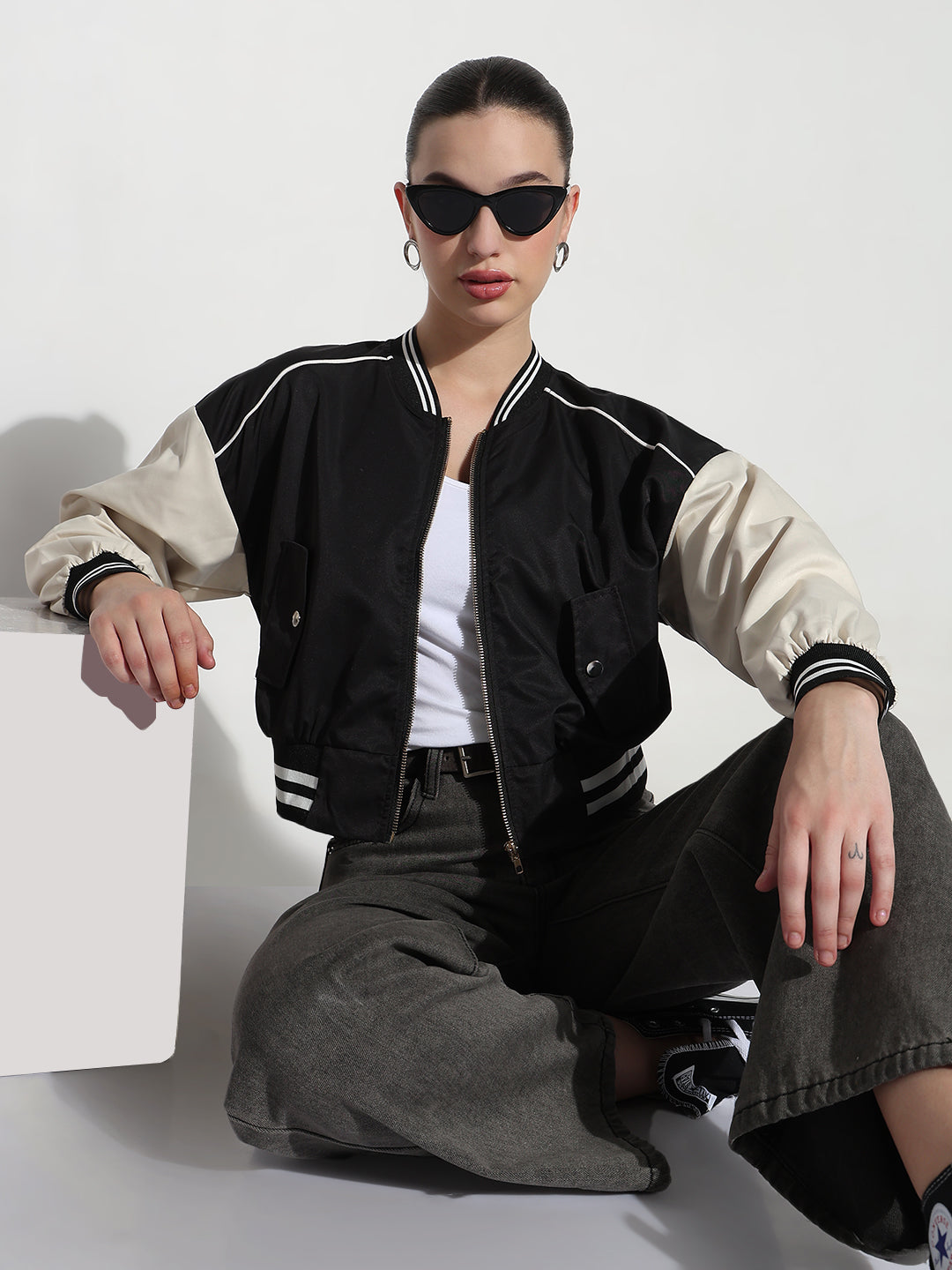 Women's Striped Black Mandarin Collar Relaxed Fit Zipper Varsity Jacket