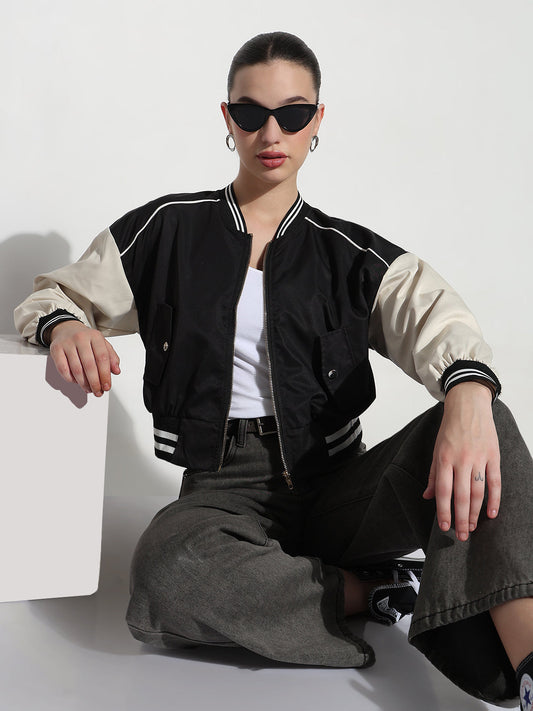 Women's Striped Black Mandarin Collar Relaxed Fit Zipper Varsity Jacket