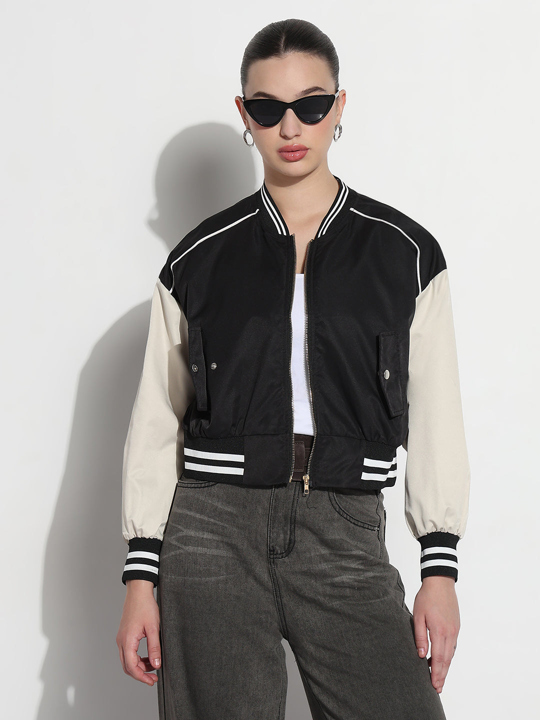 Women's Striped Black Mandarin Collar Relaxed Fit Zipper Varsity Jacket