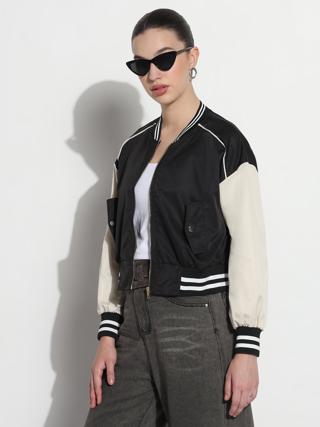 Women's Striped Black Mandarin Collar Relaxed Fit Zipper Varsity Jacket