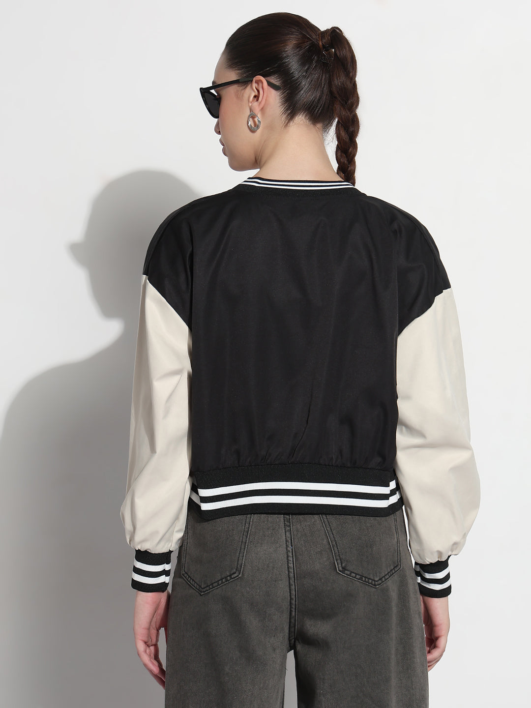 Women's Striped Black Mandarin Collar Relaxed Fit Zipper Varsity Jacket