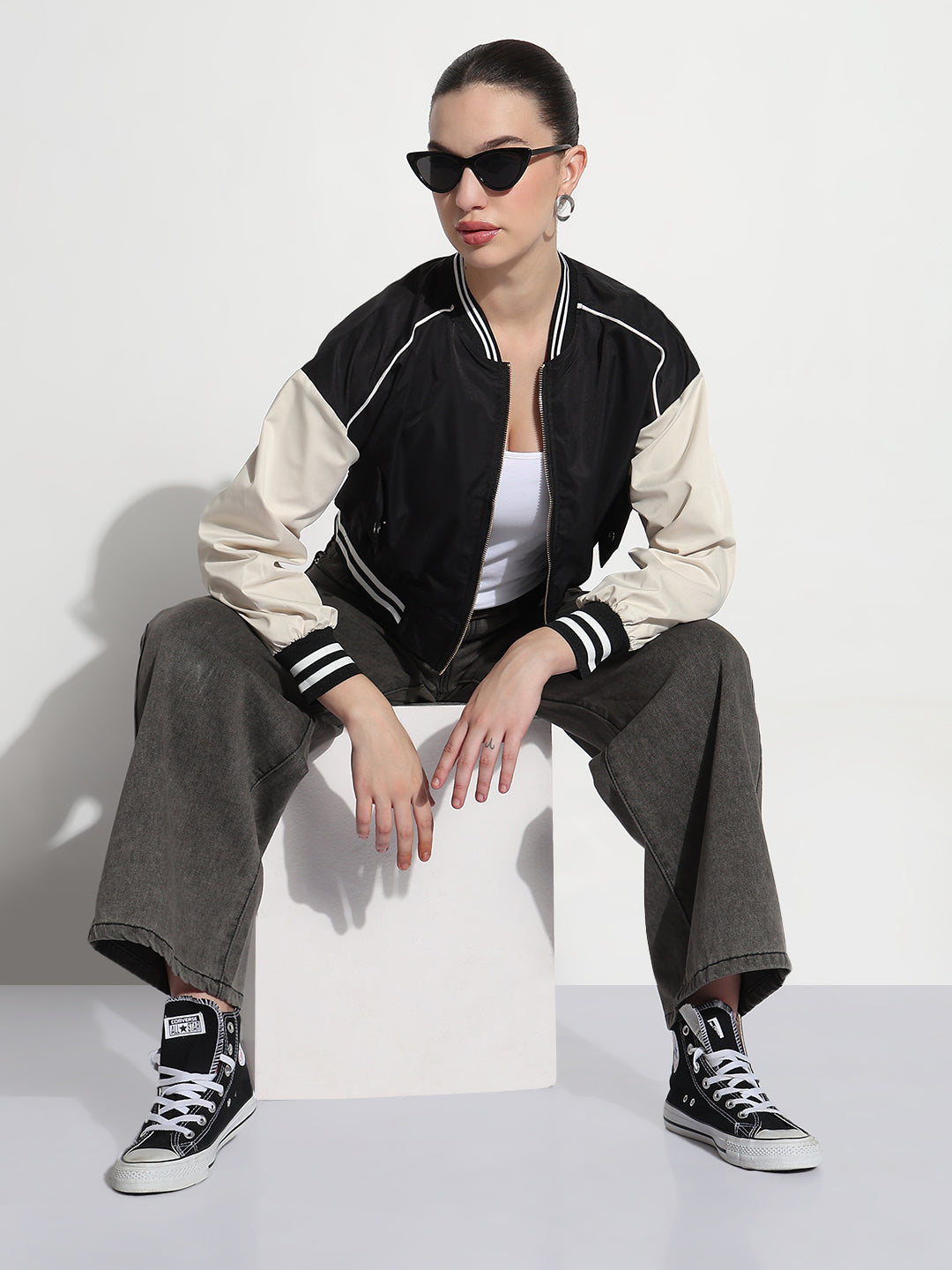 Women's Striped Black Mandarin Collar Relaxed Fit Zipper Varsity Jacket