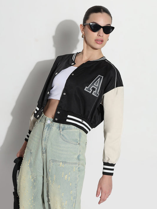 Women's Typography Black Mandarin Collar Relaxed Fit Varsity Jacket