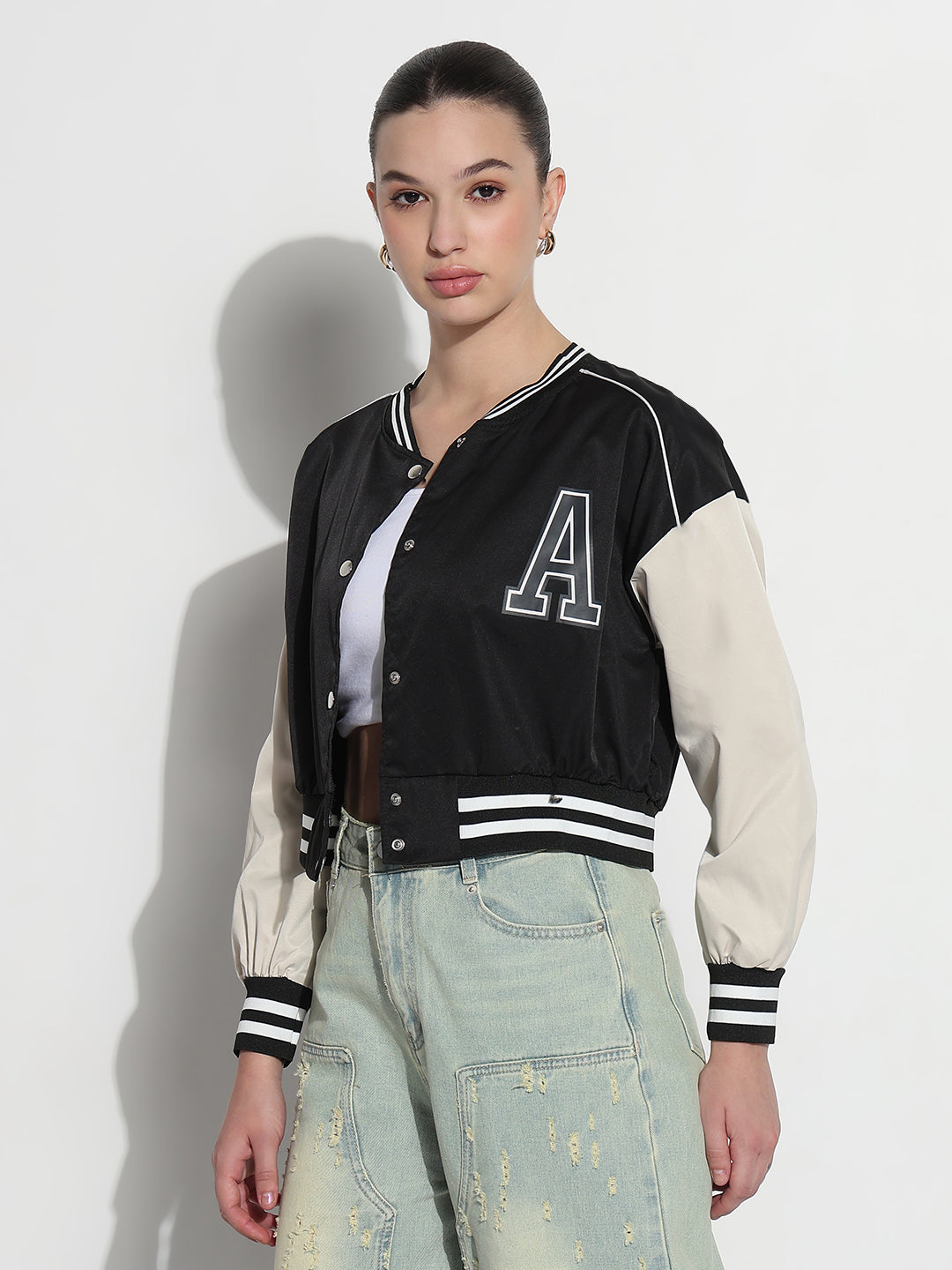 Women's Typography Black Mandarin Collar Relaxed Fit Varsity Jacket