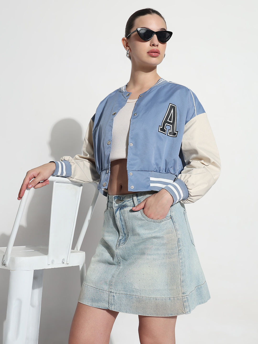 Women's Typography Blue Mandarin Collar Relaxed Fit Varsity Jacket