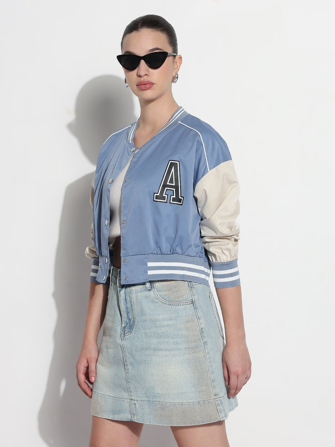 Women's Typography Blue Mandarin Collar Relaxed Fit Varsity Jacket