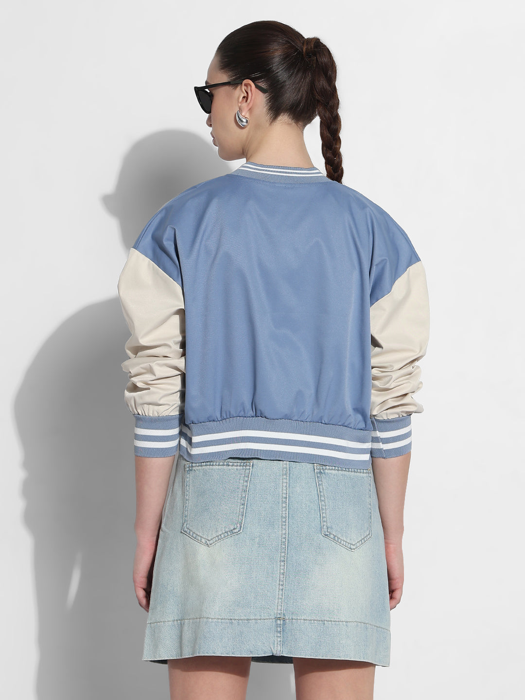 Women's Typography Blue Mandarin Collar Relaxed Fit Varsity Jacket