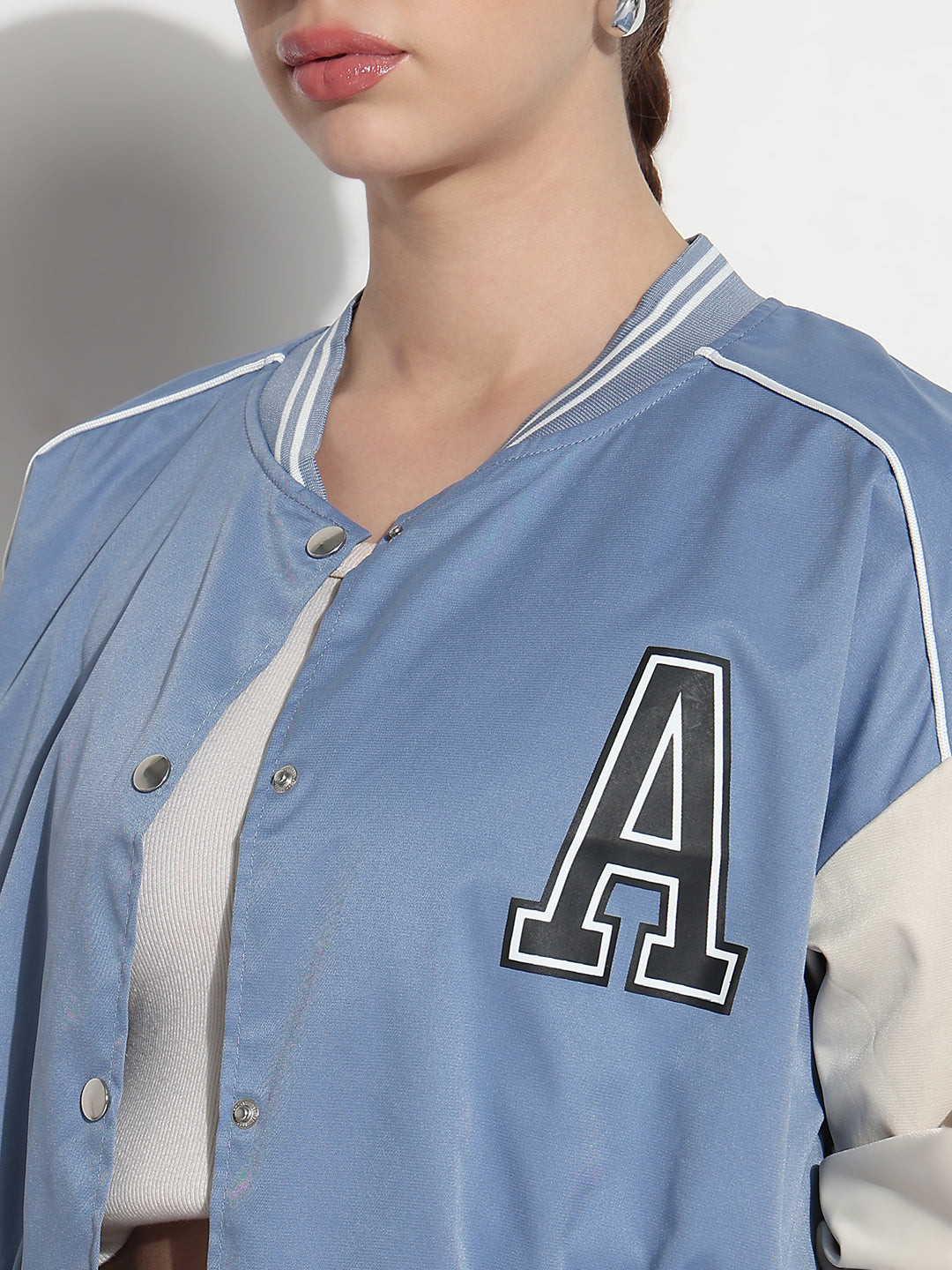 Women's Typography Blue Mandarin Collar Relaxed Fit Varsity Jacket