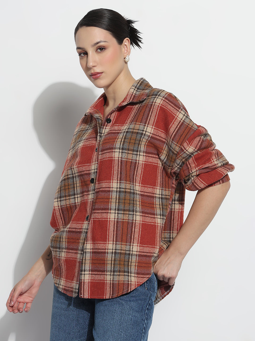 Women's Tartan Checks Red Oversized Shirt
