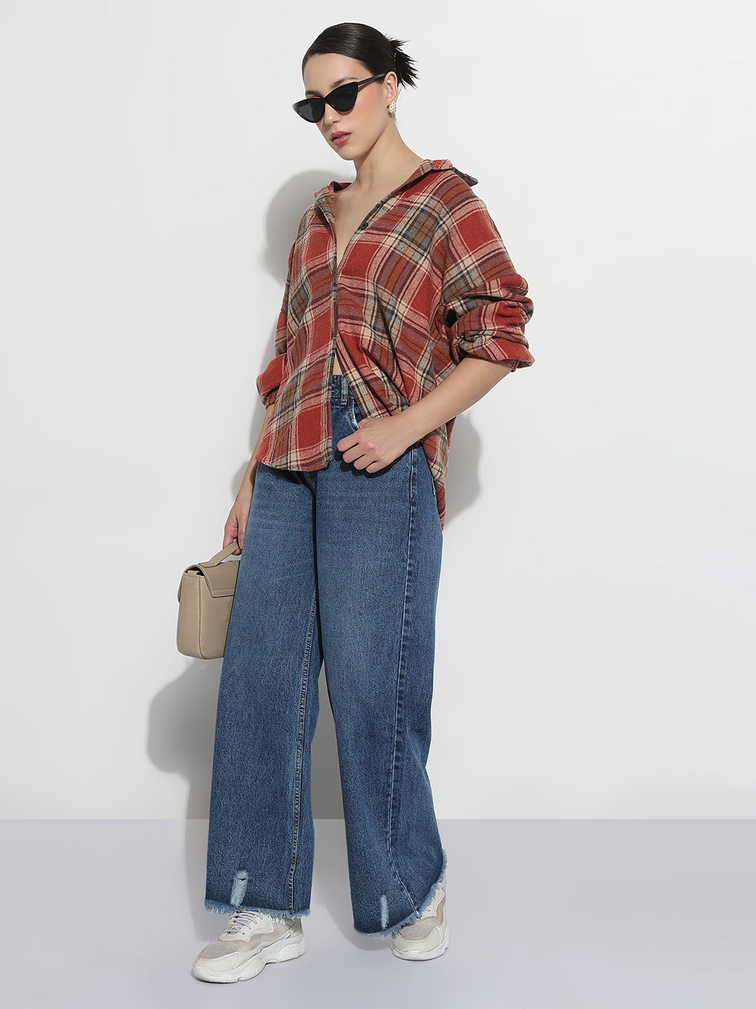 Women's Tartan Checks Red Oversized Shirt