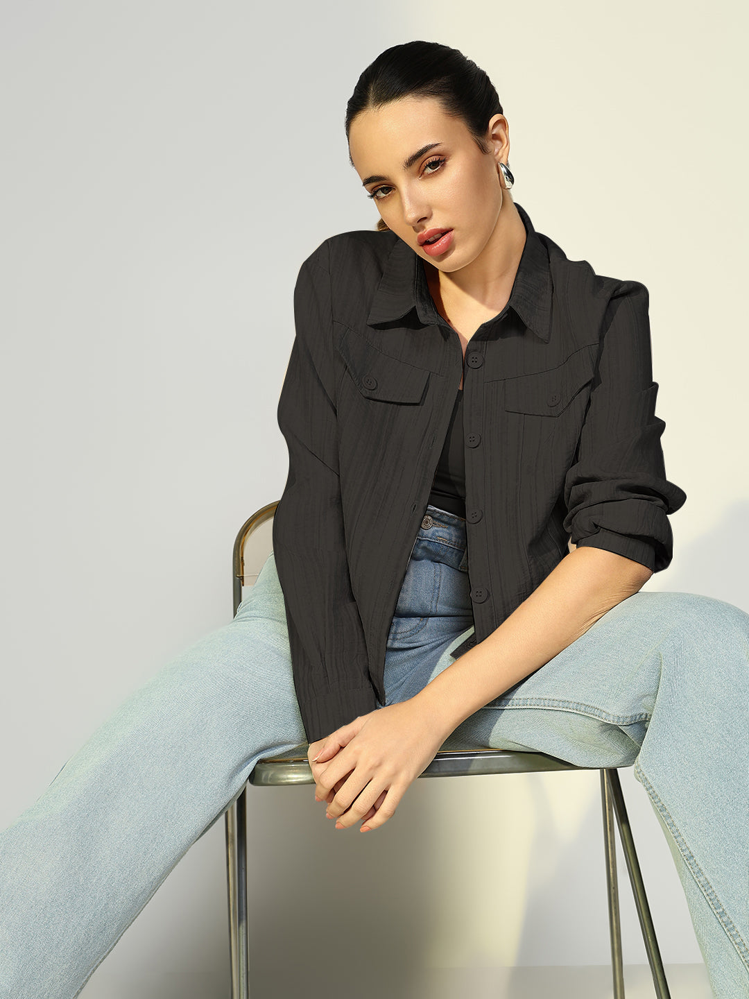 Women's Solid Black Casual Jacket