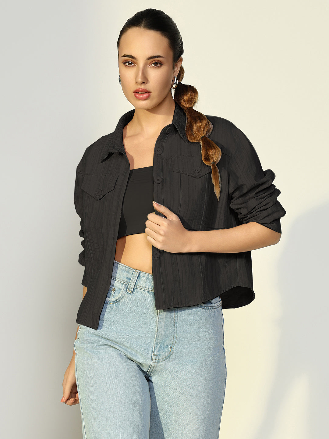 Women's Solid Black Casual Jacket