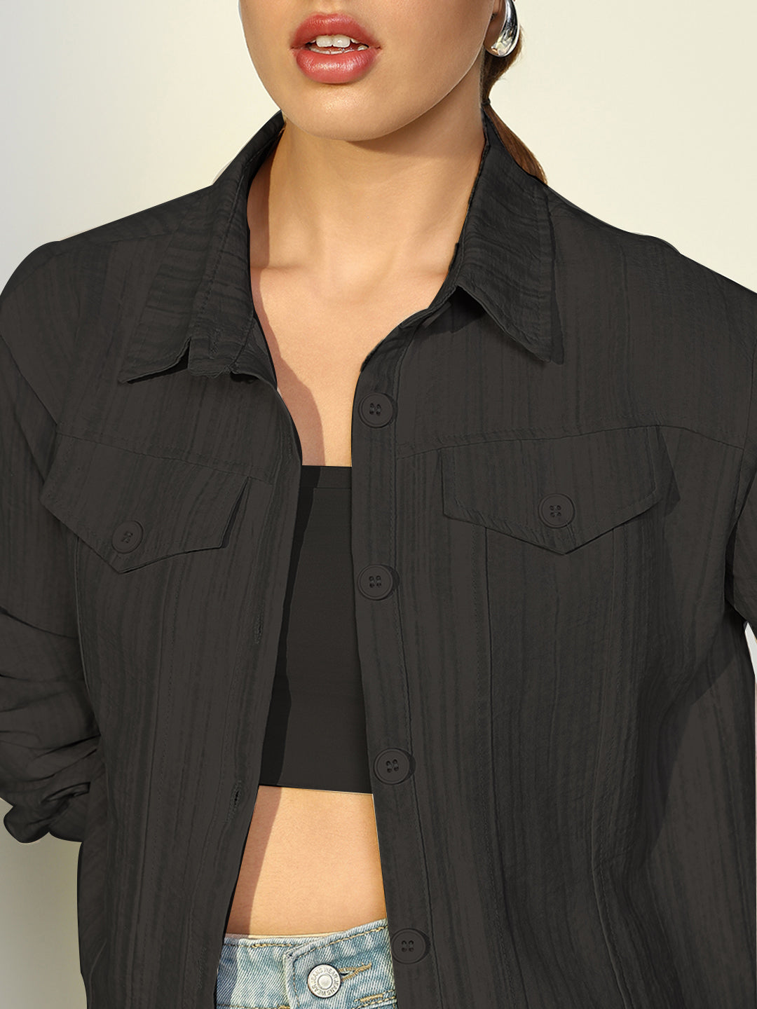 Women's Solid Black Casual Jacket