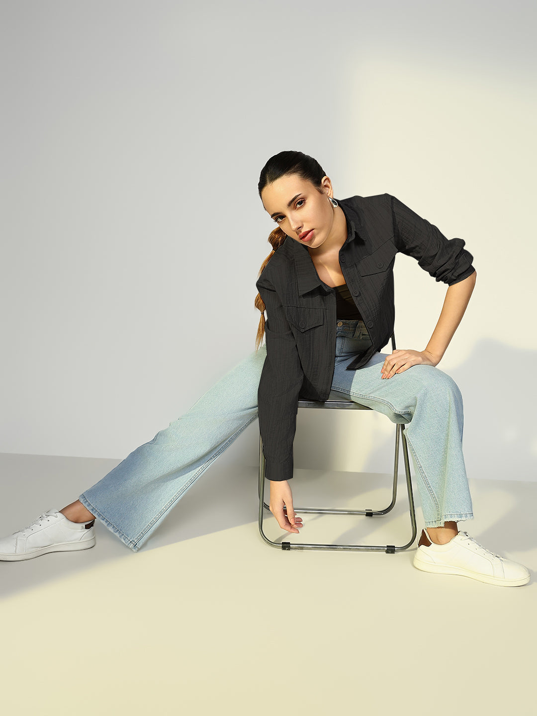 Women's Solid Black Casual Jacket